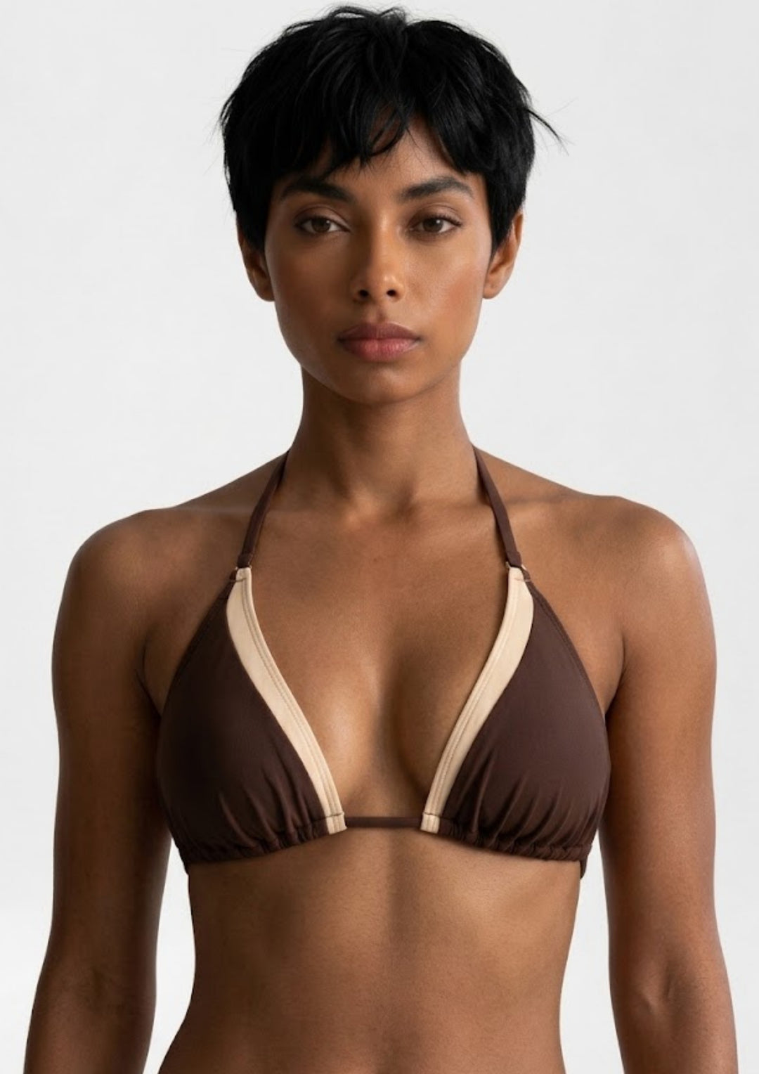 CONTRAST-BIND TRIANGLE HALTER BIKINI TOP
