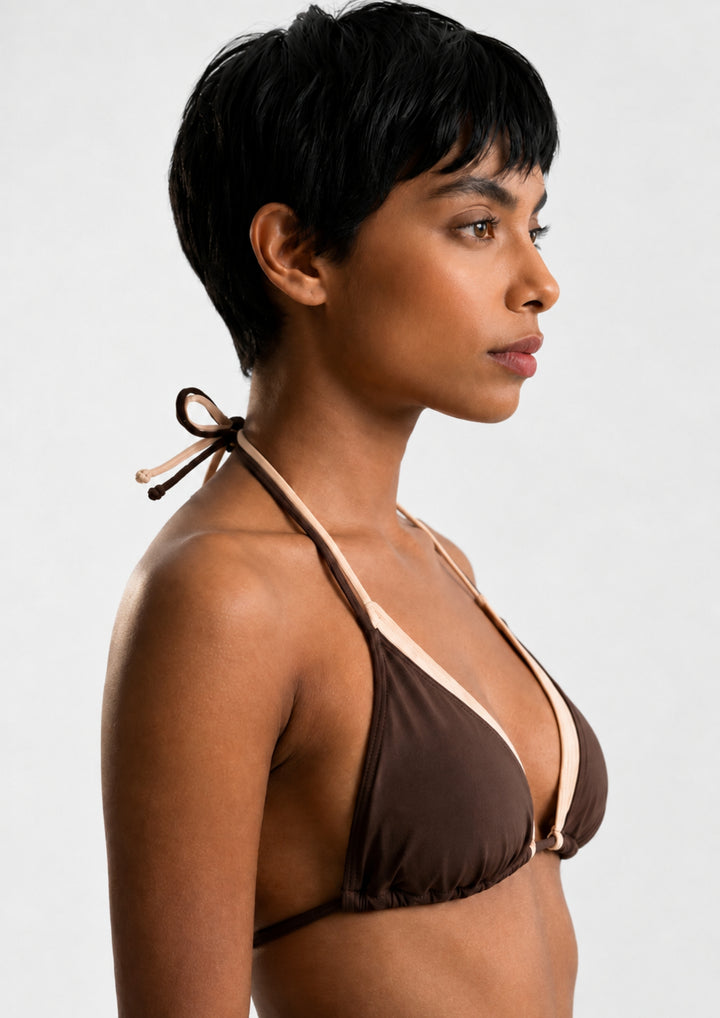 CONTRAST-BIND TRIANGLE HALTER BIKINI TOP